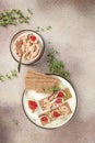 Liver meat pate spread with figs. vertical image. top view. place for text Royalty Free Stock Photo