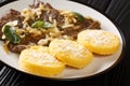 Liver with Onions Sage and Vinegar Fegato Alla Veneziana with polenta closeup in the plate. Horizontal Royalty Free Stock Photo