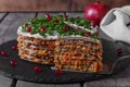 Liver pie layer cake stuffed with carrots and onions Royalty Free Stock Photo