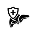 Liver protection black icon. Safety human. A shield is a symbol of protection.