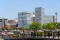 Liverpool Docks and city buildings.