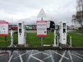 Liverpool, England - APRIL 2 : two electric vehicle charging station at parking area in sevice of motorway on April 2, 2019 in