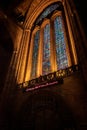 LIVERPOOL, ENGLAND, DECEMBER 27, 2018: Entrance stained glass from interior of the Church of England Anglican Cathedral of the
