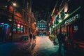 LIVERPOOL, ENGLAND, DECEMBER 27, 2018 People enjoying a pleasant night time in historic Matthew Street in Liverpool with a mixture Royalty Free Stock Photo