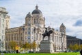 Liverpool, England, United Kingdom; 10/15/2018: Facade of Port of Liverpool Building or Dock Office with the Monument to King