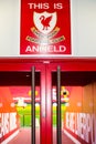 Liverpool, England, United Kingdom; 10/15/2018: Famous hall or corridor inside of Anfield Stadium, with the quote Royalty Free Stock Photo