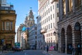 Liverpool, England, United Kingdom; 10/15/2018: Typical street in Liverpool with the tower of the Royal Liver Building at the