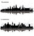 Liverpool and Glasgow Scotland City Skylines Set with Black Buildings and Reflections Royalty Free Stock Photo