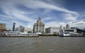 Liverpool, June 2014,  a scene across the River Mersey showing Pier Head, with the Royal Liver Building, Cunard Building and Port Royalty Free Stock Photo