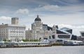 Liverpool, June 2014,  a scene across the River Mersey showing Pier Head, with the Royal Liver Building, Cunard Building and Port Royalty Free Stock Photo