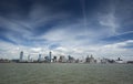 Liverpool, June 2014,  a scene across the River Mersey showing Pier Head, with the Royal Liver Building, Cunard Building and Port Royalty Free Stock Photo