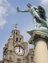 Liverpool Liver building with Cunard war memorial sculpture Royalty Free Stock Photo