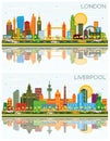 Liverpool and London City Skylines Set with Color Buildings, Blue Sky and Reflections Royalty Free Stock Photo