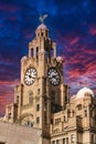 Liverpool's iconic Royal Liver Building at dusk with dramatic pink and blue sky Royalty Free Stock Photo