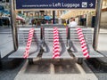 Liverpool Street Station, the main train concourse with red & white taped seats to prevent passenger use. Royalty Free Stock Photo