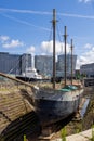 Old square rigger sailing ship moored in Liverpool, England on July 14, 2021