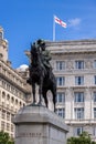 Statue of Edward VII outside the Royal Liver building in Liverpool, England on July 14, 2021 Royalty Free Stock Photo