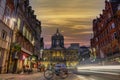 Liverpool, UK Town Hall mansion evening view from Castle street, surrounded by traditional low-rise buildings and colorful trails