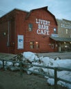 Livery Barn Cafe sign at Front Street Steakhouse and Crystal Palace Saloon, Ogallala, Nebraska