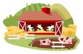 Livestock and cattle farming flat vector illustration. Dairy farm isolated cartoon concept. Cows barn and pig fence with hay bales