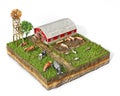 Livestock concept, barnyard with animals in enclosure, pigs, cows, horses, goats, dog and cat on a piece of ground, isolated on