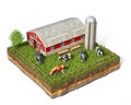 Livestock concept, enclosure with cows, barn and elevator on a piece of ground, isolated on white background, Royalty Free Stock Photo