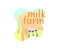 Livestock farm, cow and milking machine, illustration and logo design. Ranch, dairy product, cattle and horned cattle, vector Royalty Free Stock Photo