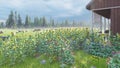 Livestock farm. Cows and sheep graze in a green meadow. Rustic farm with Pets. Animal husbandry and nature. 3D Rendering