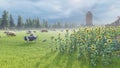 Livestock farm. Cows and sheep graze in a green meadow. Rustic farm with Pets. Animal husbandry and nature. 3D Rendering Royalty Free Stock Photo