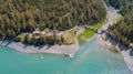 Livigno, Sondrio, Italy. Drone aerial view of the Lake Livigno an the Lodge Alpisella. Italian Alps. Italy Royalty Free Stock Photo