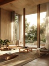 Living area with cross ventilation, breezy and fresh, open doors, golden hour light, front angle, crisp realism