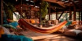 living area with a focus on comfort, showcasing a hammock, bean bags, and a natural wood deck. Generative AI