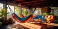 living area with a focus on comfort, showcasing a hammock, bean bags, and a natural wood deck. Generative AI