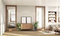 living area in modern contemporary style interior design with wooden window frame Royalty Free Stock Photo