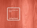 Living Coral Color Of The Year 2019. Wood Texture Background With Coral In Trendy Color