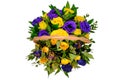 Living and the dead flowers. Top view of a bouquet of dried and live roses. Concept of aging in a basket with blue and yellow Royalty Free Stock Photo