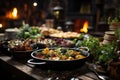 Living Gastronomy: Various dishes in picturesque tavern., generative IA