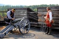 Living History Tour, with guides firing a canon,Fort William Henry,Lake George,New York,2015 Royalty Free Stock Photo