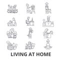 Living at home, help at home, living room furniture, living at home with parents line icons. Editable strokes. Flat