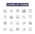 Living at home line vector icons and signs. Reside, Dwell, Abide, Coexist, Occupy, Inhabit, Stay, Survive outline vector