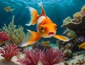 Living Jewel: A Close-Up Photo of a Goldfish in a Coral Reef under Deep Sea, Generated AI Royalty Free Stock Photo