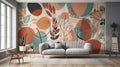 Living Living Room With Full Wall Geometric Poppy Interior Design. Generative AI