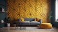 Living Living Room With Full Wall Geometric Sunflower Interior Design. Generative AI Royalty Free Stock Photo