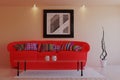 Living in a modern style with red sofa.