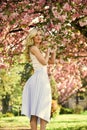 Living in the moment. healthy girl in cherry tree garden. vintage summer fashion. spring nature blossom in park. retro Royalty Free Stock Photo