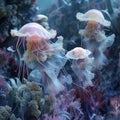 living nature of jellyfish plants in a surreal, dreamlike atmosphere, flowers that seem to levitate