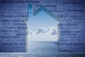 Living near the coast has a positive effect on ones health - Little house outline against a calm sea with clouds on background - Royalty Free Stock Photo