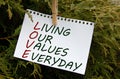 LIVING OUR VALUES EVERYDAY - words on white paper with clothespin on a green background of branches Royalty Free Stock Photo