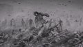 Living person rises from a pile of corpses and rises in an environment of zombies.