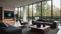 living room of smart house with large panoramic windows and furniture made of natural materials Royalty Free Stock Photo
